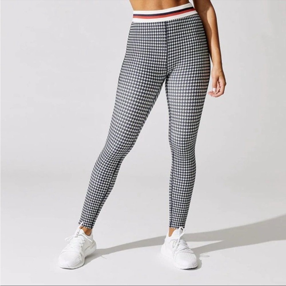 Splits59 Black & White Houndstooth Leggings with Striped Waistband